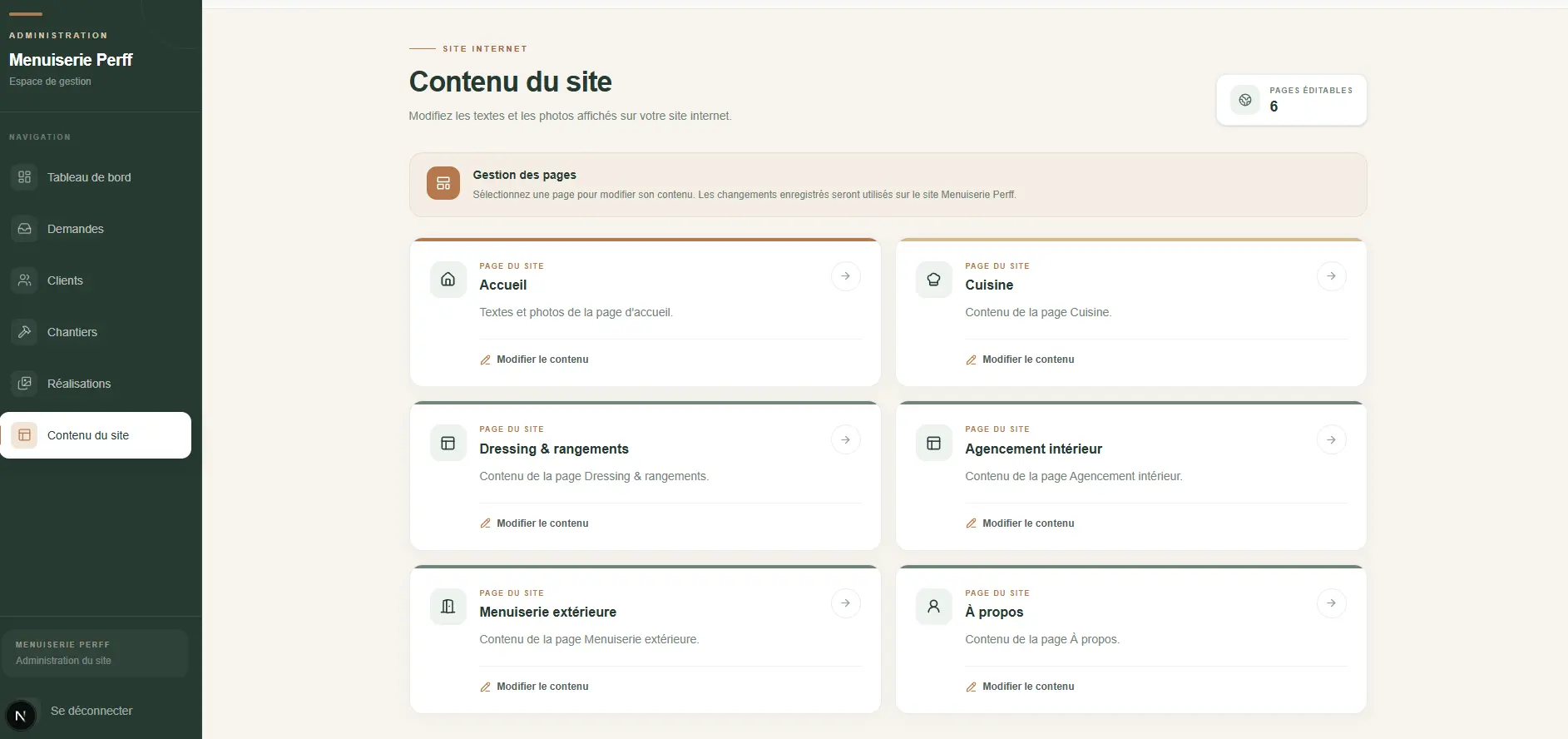 Interface de gestion des contenus du site Menuiserie Perff