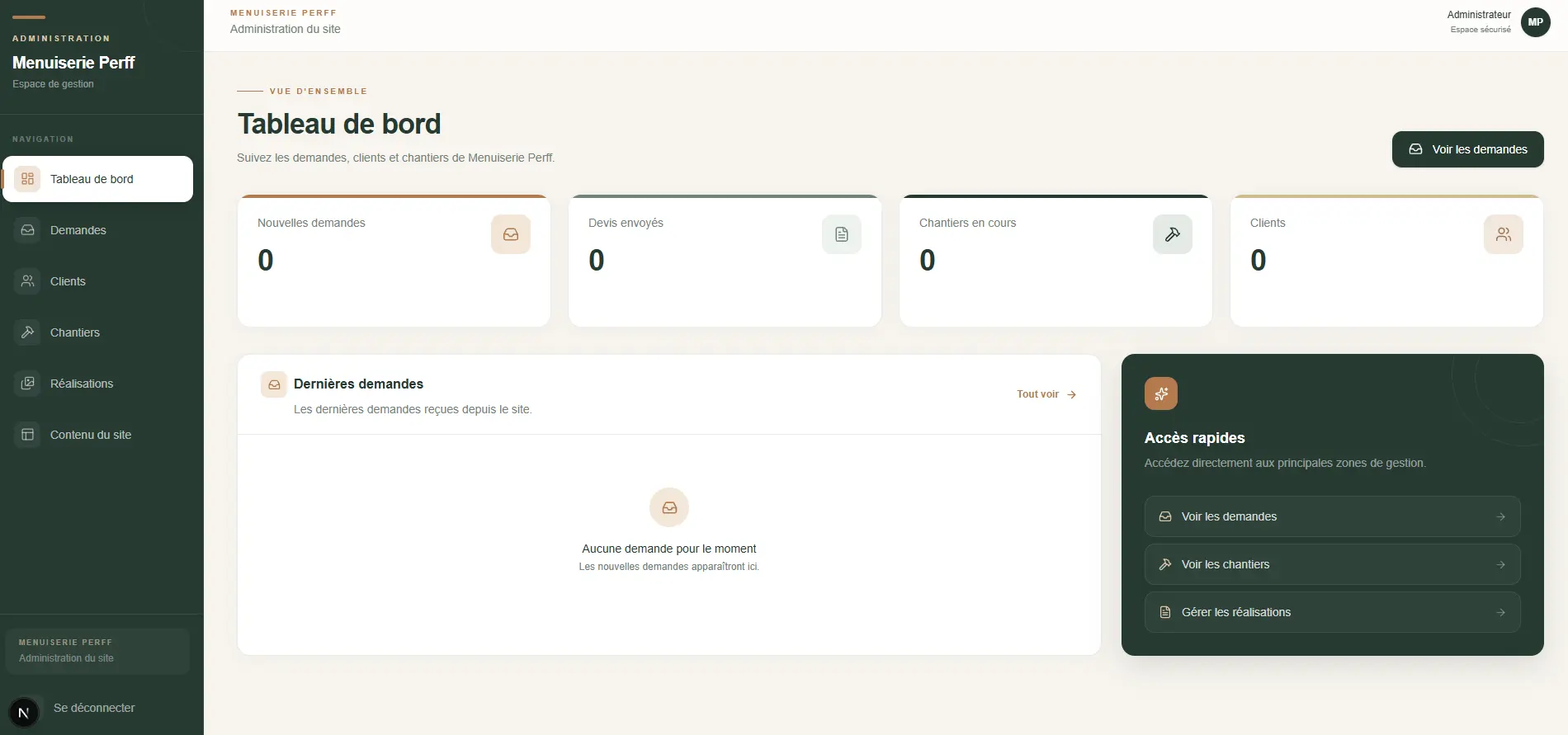 Espace de gestion de Menuiserie Perff réalisé par Webalez